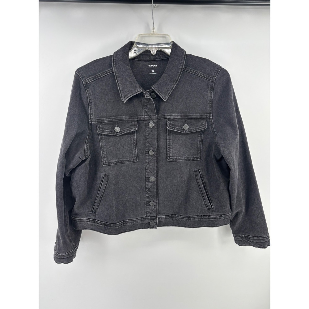 Sonoma Black Wash Denim Trucker Jacket Stretch Casual Jean Jacket Size XL